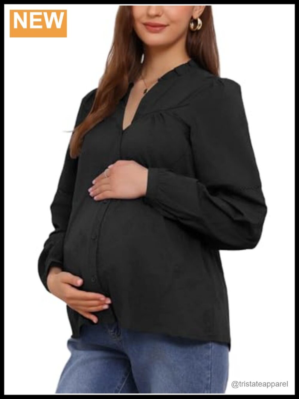 Maternity Long Sleeve Button Down Blouson Shirt 100% Cotton